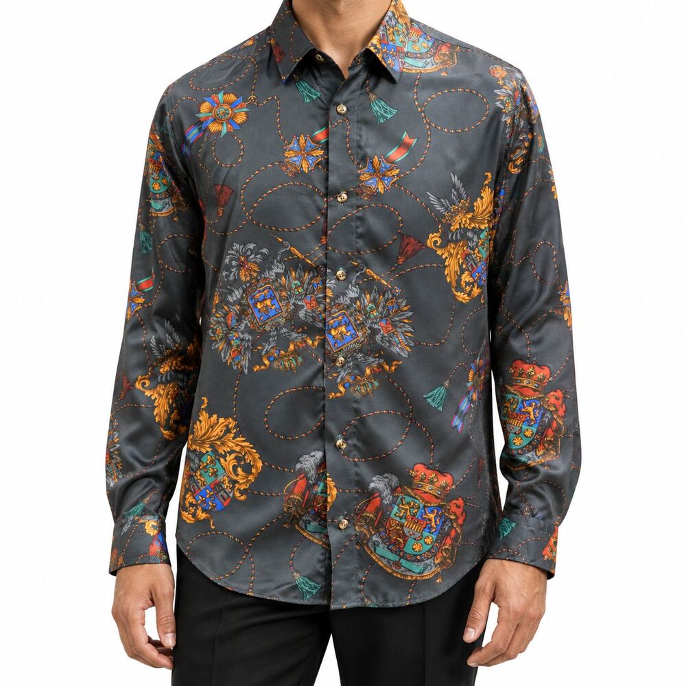 Mens Large Gray Multicolor Baroque Silky Shirt Heraldic Crest Equestrian NWT